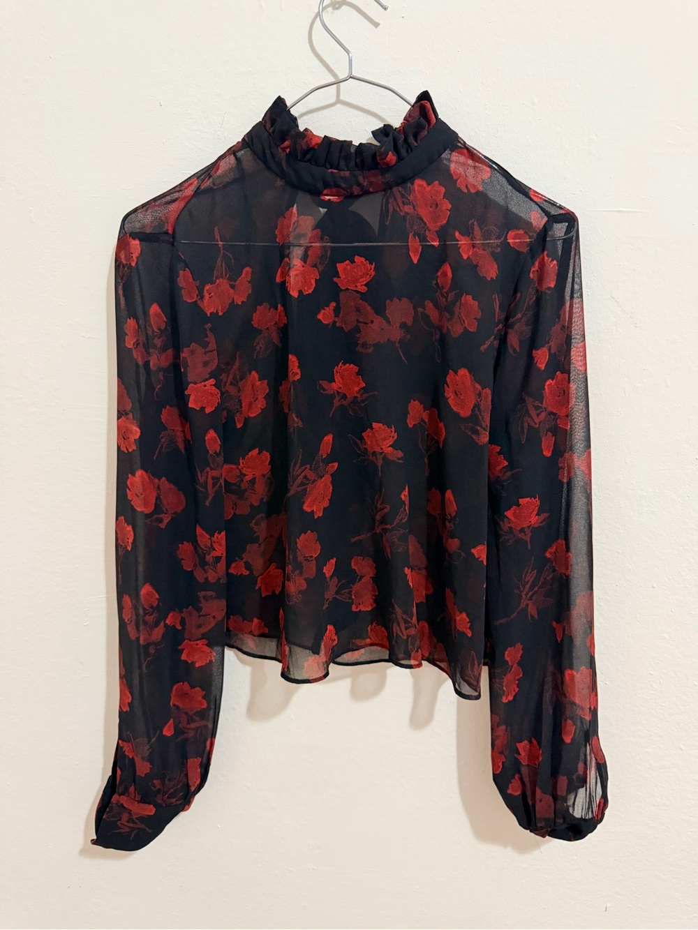 Zara Black Sheer Blouse with Red Floral Pattern